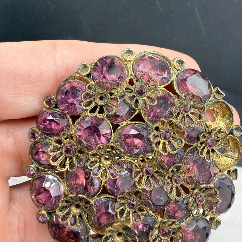 Vintage Rhinestone Brooch Gold Tone Purple Heavy WELL MADE  READ